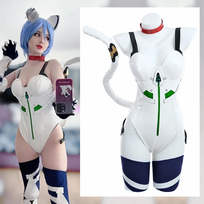 

Rei Ayanami Cosplay Costume Cat Rei Bunny Costume Women White Jumpsuit Role Play Cos Uniform Halloween Outfit Fullset COSCOS