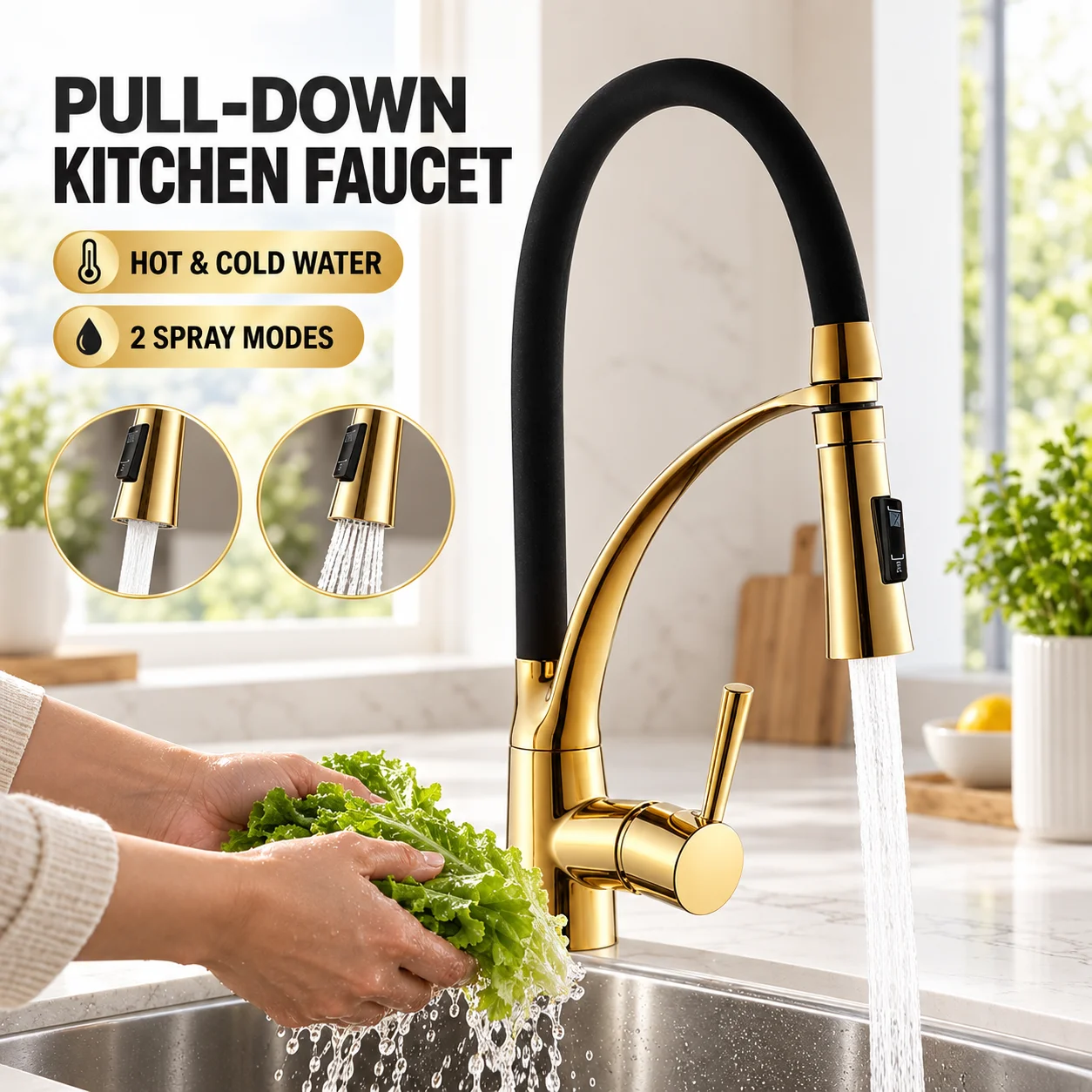 Pull Down Kitchen Faucet, Hot and Cold Mixer Tap with 2 Spray Modes, Flexible High Arc Gold Black Sink Faucet for Home Kitchen