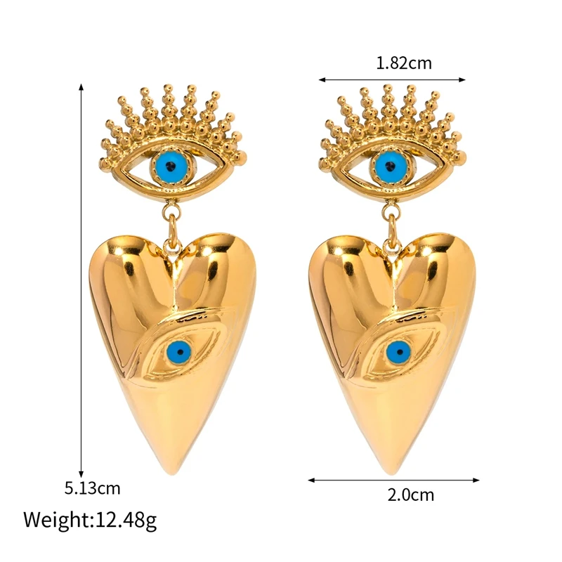 HangZhi Blue Devil\'s Eye Large Heart Pendant Earring Stainless Steel Gold Color Chunky Vintage Y2K Huge Drop Jewelry New In