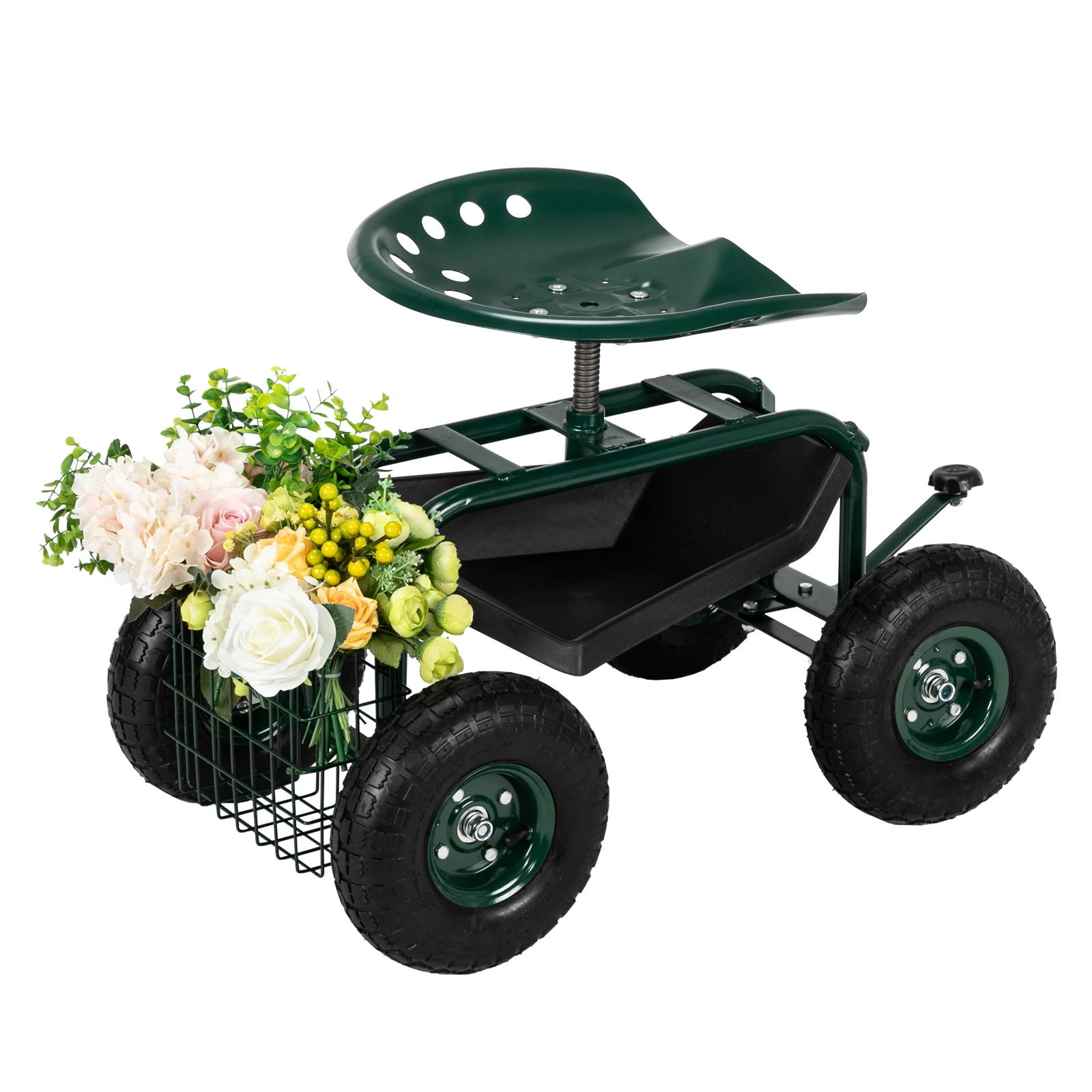 75x45x47CM Iron Short Handle Garden Seat Car With Storage Basket Green[US-Stock]