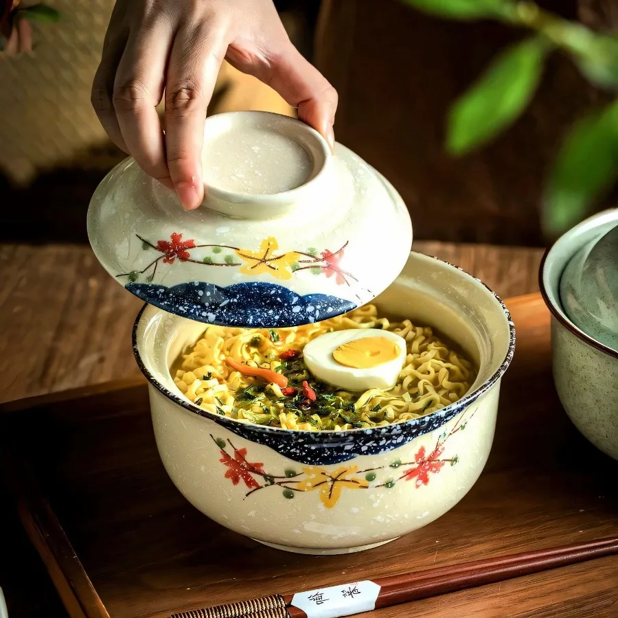 Japanese Instant Ramen Bowl with Lid Retro Ceramic Large Capacity Noodle Salad Soup Bowls Household Kitchen Tableware