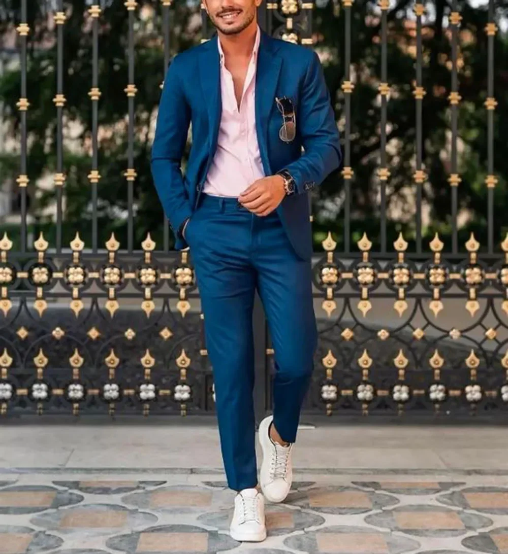 Blue/Green/Champagne Notch Lapel Blazer Trousers Men Suit Sets Formal Slim Fit 2Pcs Jacket Pants Custom Suits Party Wear Outfit