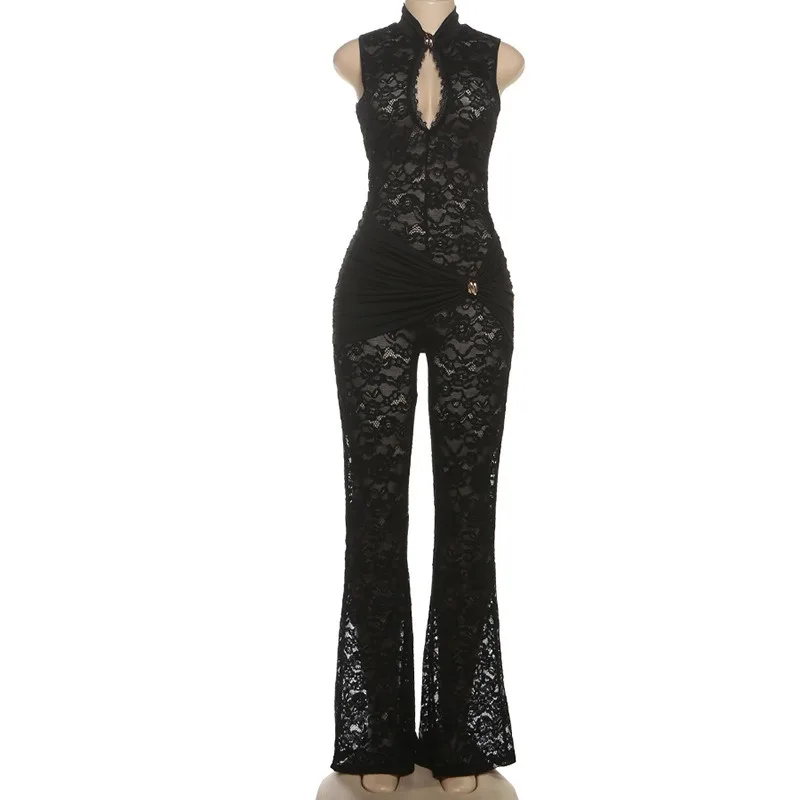 Metal Buckle Ruched Patchwork See Through Lace Jumpsuits Women Sexy Turtleneck Hollow Out Sleeveless Slim Club Party Overalls