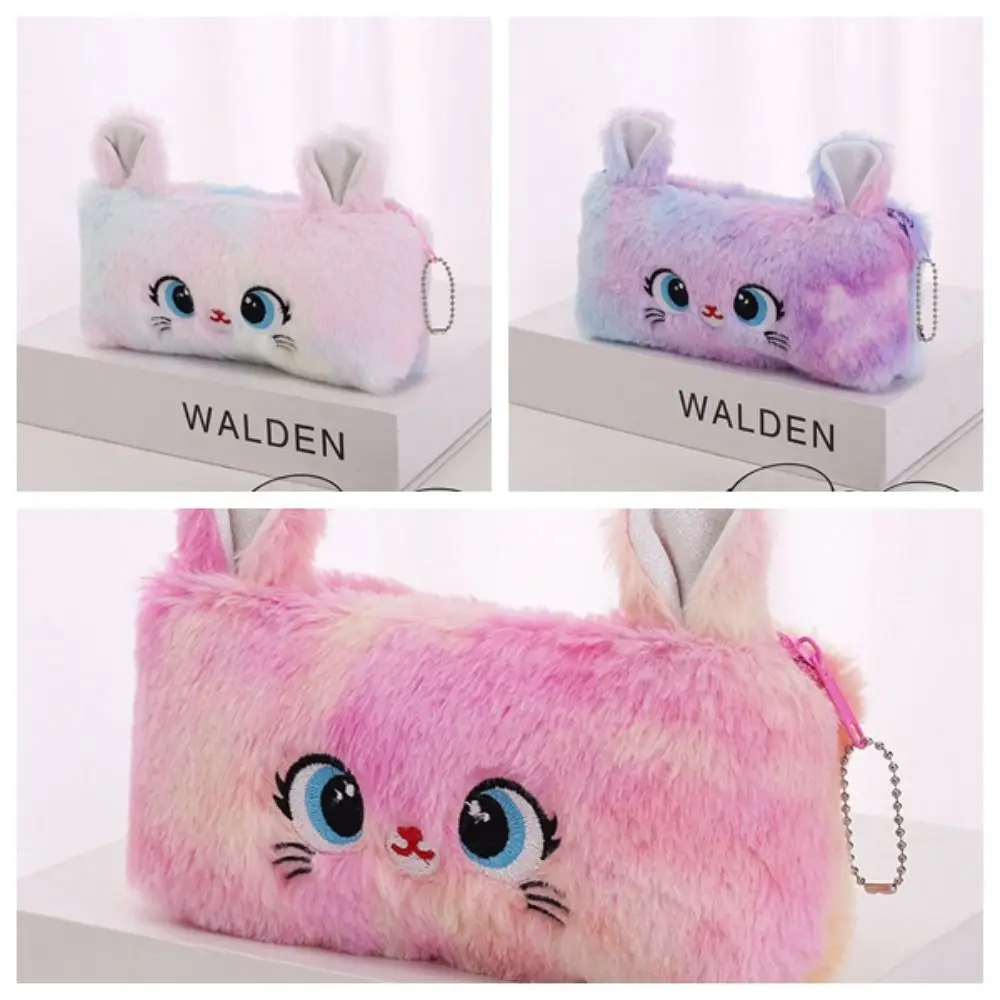 Bolsa de lápices de felpa Kawaii de gran capacidad, bolsa de almacenamiento de lápices de gato de peluche de dibujos animados, papelería escolar, suministros de escritura