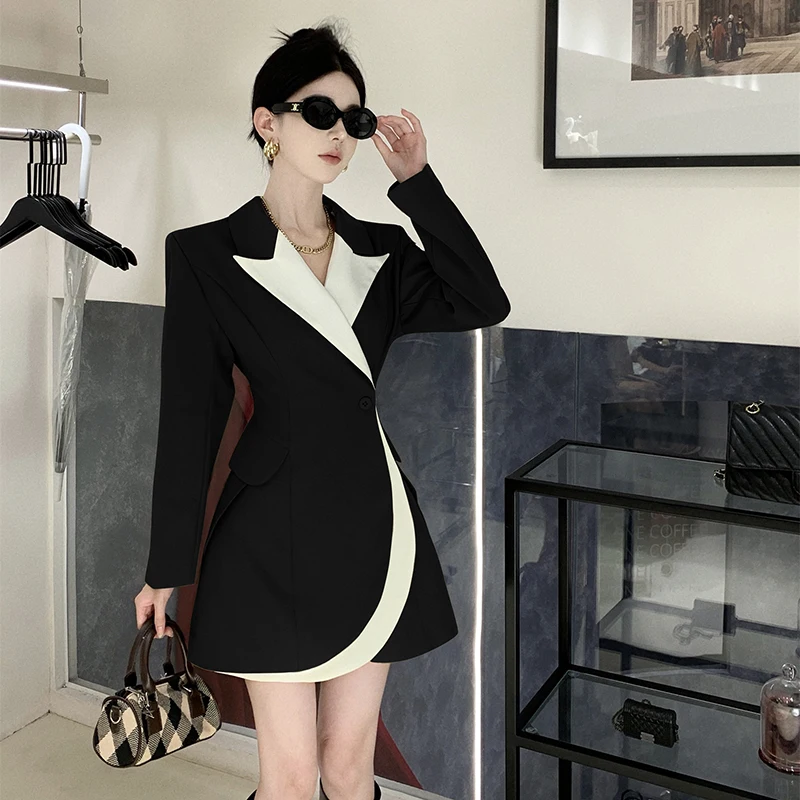 French Style Patchwork Blazer Dress Women Long Sleeve Mini Dress Slim Streetwear Party Vestidos