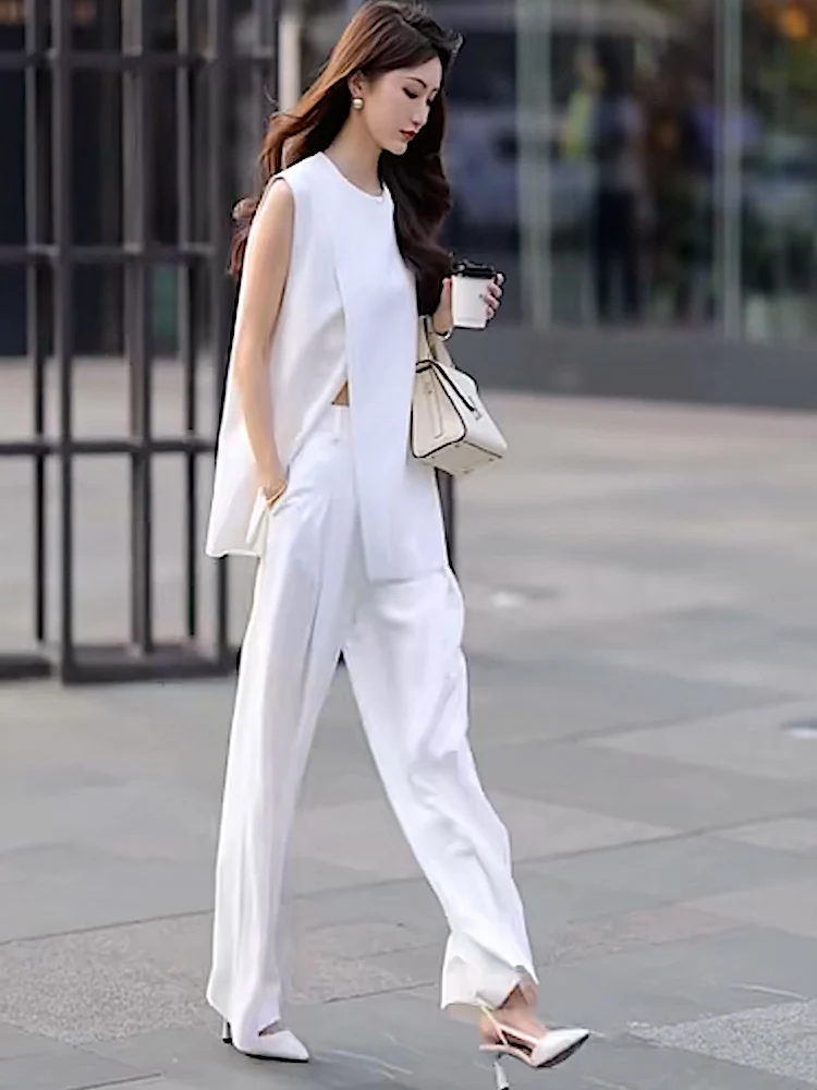 

Комплект повседневных брюк Ele: длинные брюки и топ с круглым вырезом, женская одежда из хлопковой смеси с эластаном, летняя коллекция