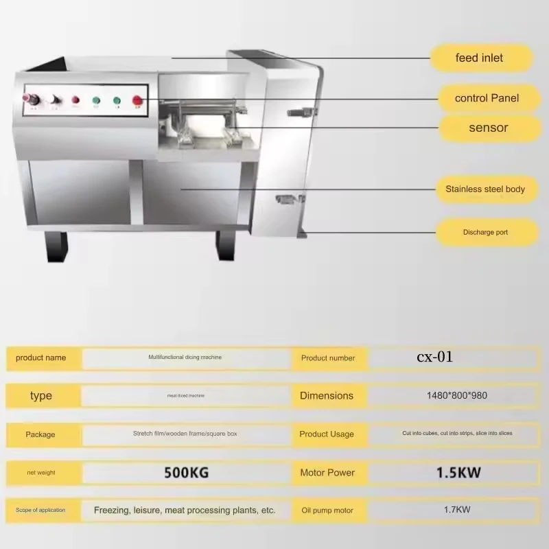 Cuber automatico di pollo/manzo da 500 kg: taglierina veloce per petto/bistecca/dadi congelata, cubettatura di formaggio, acciaio inossidabile commerciale, facile da pulire