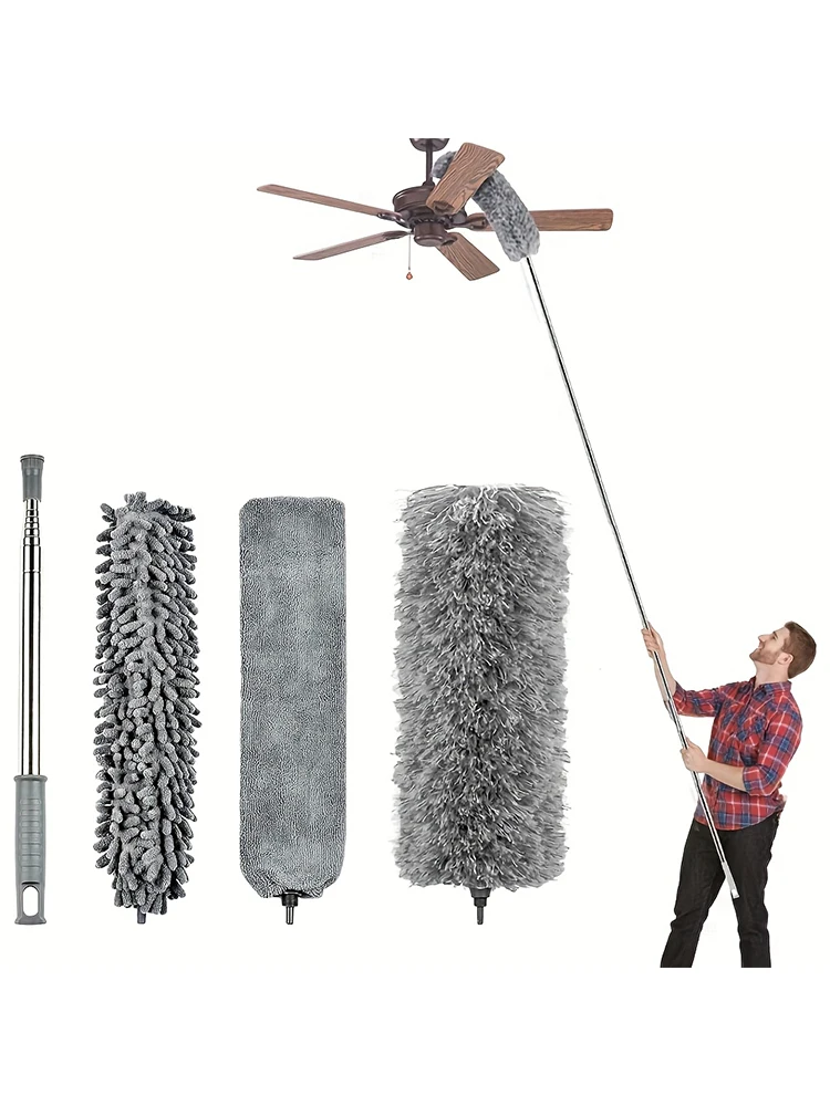 Dust Duster Set with Telescopic Long Handle, 4-Piece Set, Extendable to 2.8m Feet, Washable, Dust Scraper, Microfiber Dust Magnet Magic Duster, Dust Remover, for Household and Commercial Cleaning of Crevices, Gray