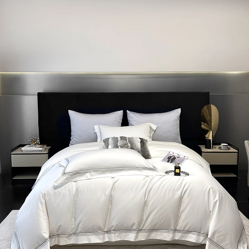 Luxury Three-line Embroidery Solid Color 1000TC Egyptian Cotton Bedding Set  Duvet Cover Bed Sheet/Fitted Sheet Pillowcases 4Pcs