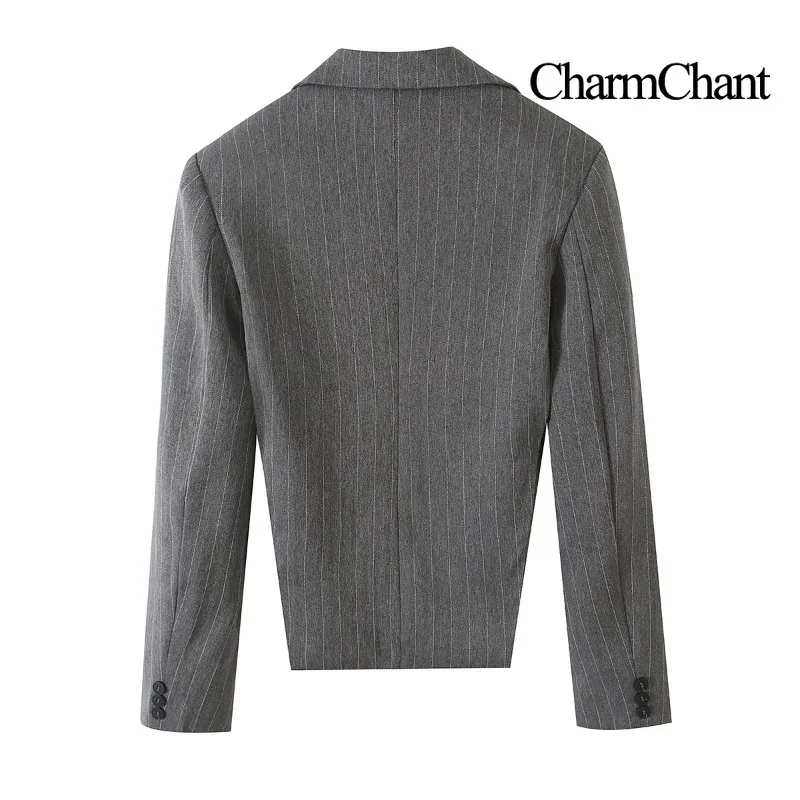 CHARMCHANT Women's Chic Pinstripe Blazer Side Cutout Backless Cropped Suit Jacket Single Breasted Streetwear Party Fall 2026