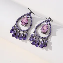 Personality Purple Rhinestone Water Drop Tassel Earrings for Woman Party Accessories