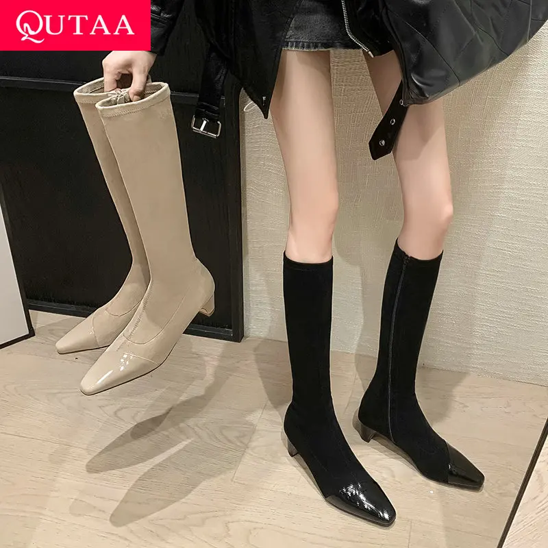 

QUTAA 2026 Fashion Women Knee High Boots Stretch Velvet High Heel Winter Woman Shoes Square Toe Long Boots Lady Dress Size 34-41
