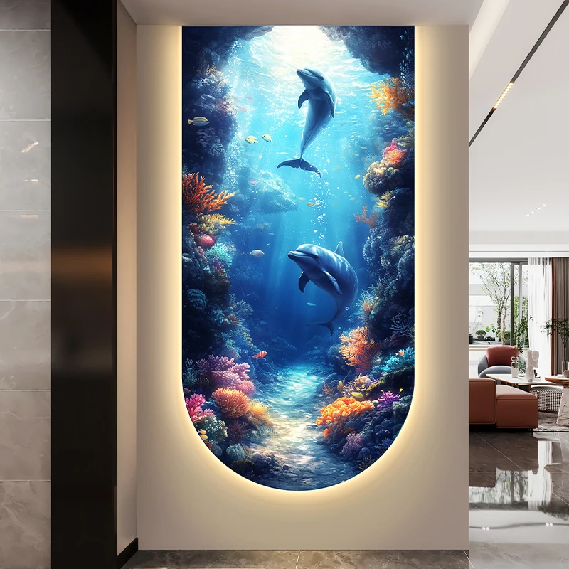 Ocean Bottom World Entrance Decoration Painting Living Room Corridor with Lights Mural Glowing Dolphin Arched Hanging Painting