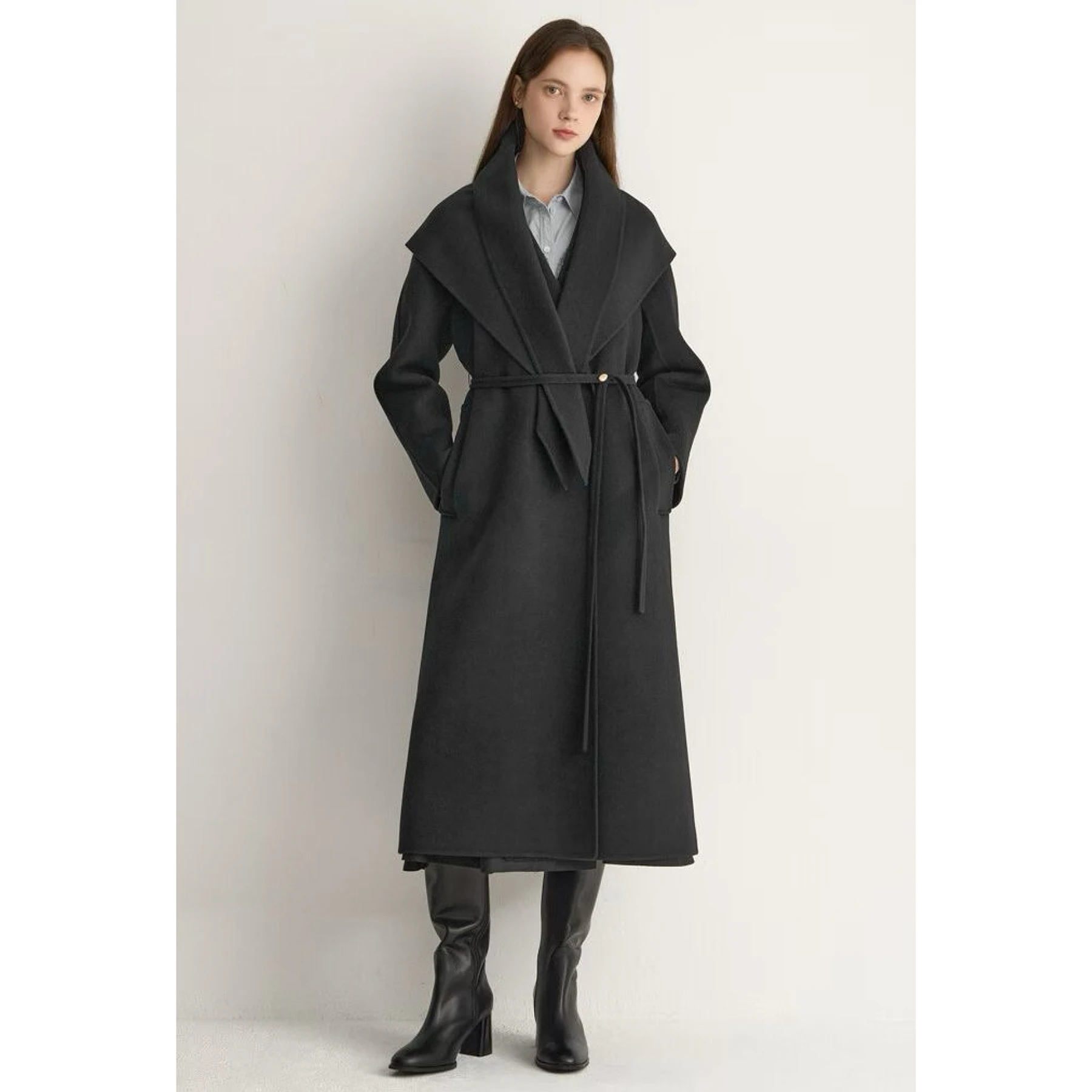 

Ele двустороннее шерстяное длинное пальто ручной работы с запахом Lemon CheeseMIN25, осеннее длинное пальто прямого кроя