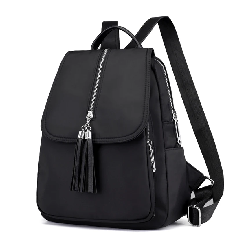 backpack women hiking tassels black waterproof Oxford cloth School bag new fashion casual cute light black backpack girl