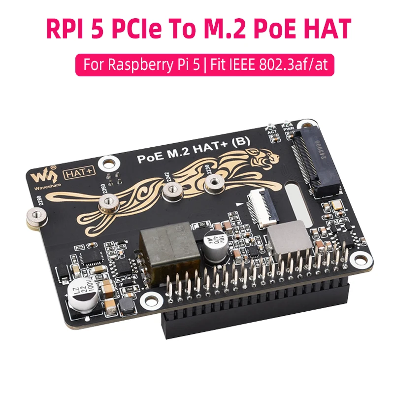 Raspberry Pi 5 PCIe To M.2 PoE HAT+ (B) NVMe Protocol M.2 Solid State Drive High-speed Reading Writing 12V 5V PoE HAT for Pi 5
