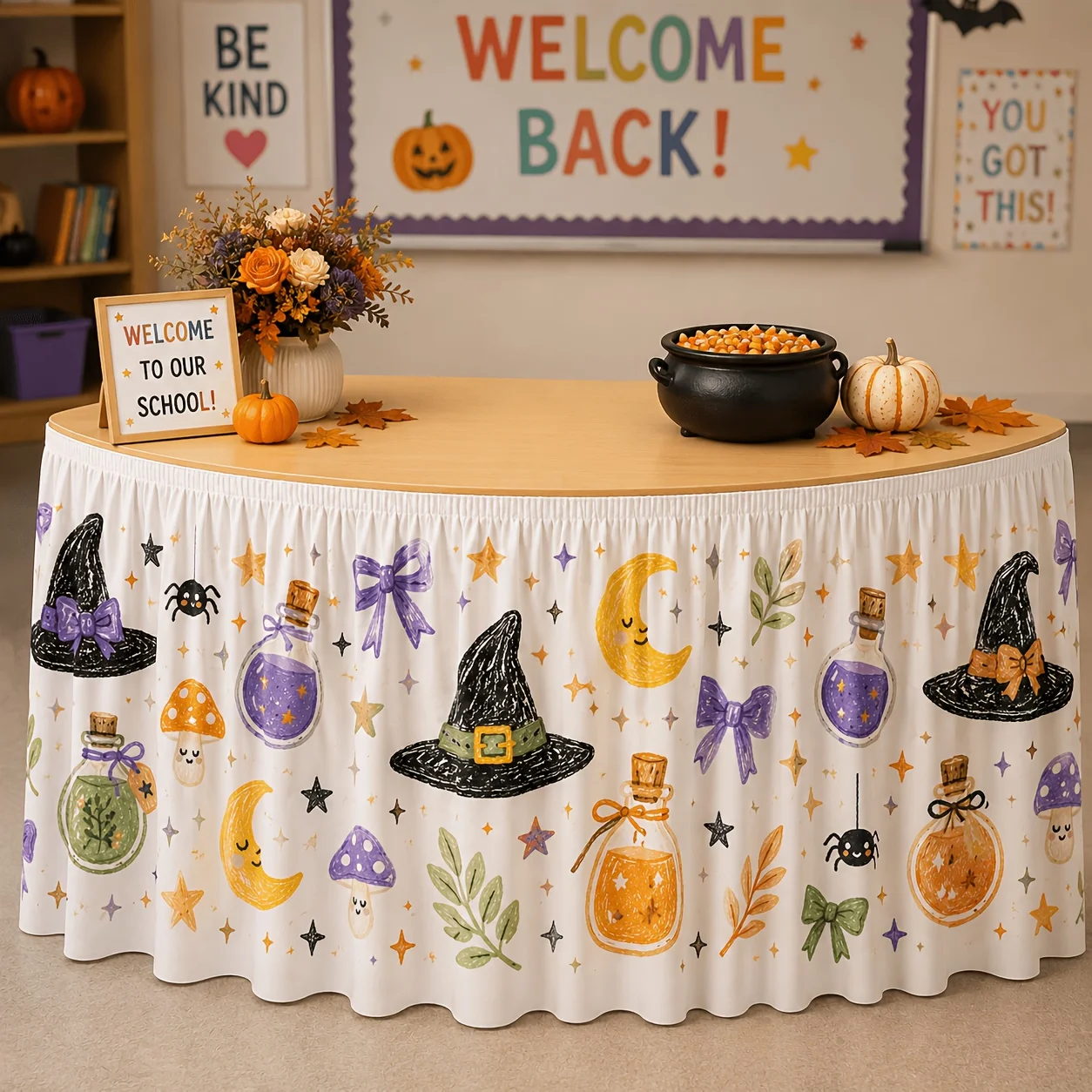 One tablecloth table skirt, cute witch Halloween table skirt, textured pencil witch hat, magic potionzyc