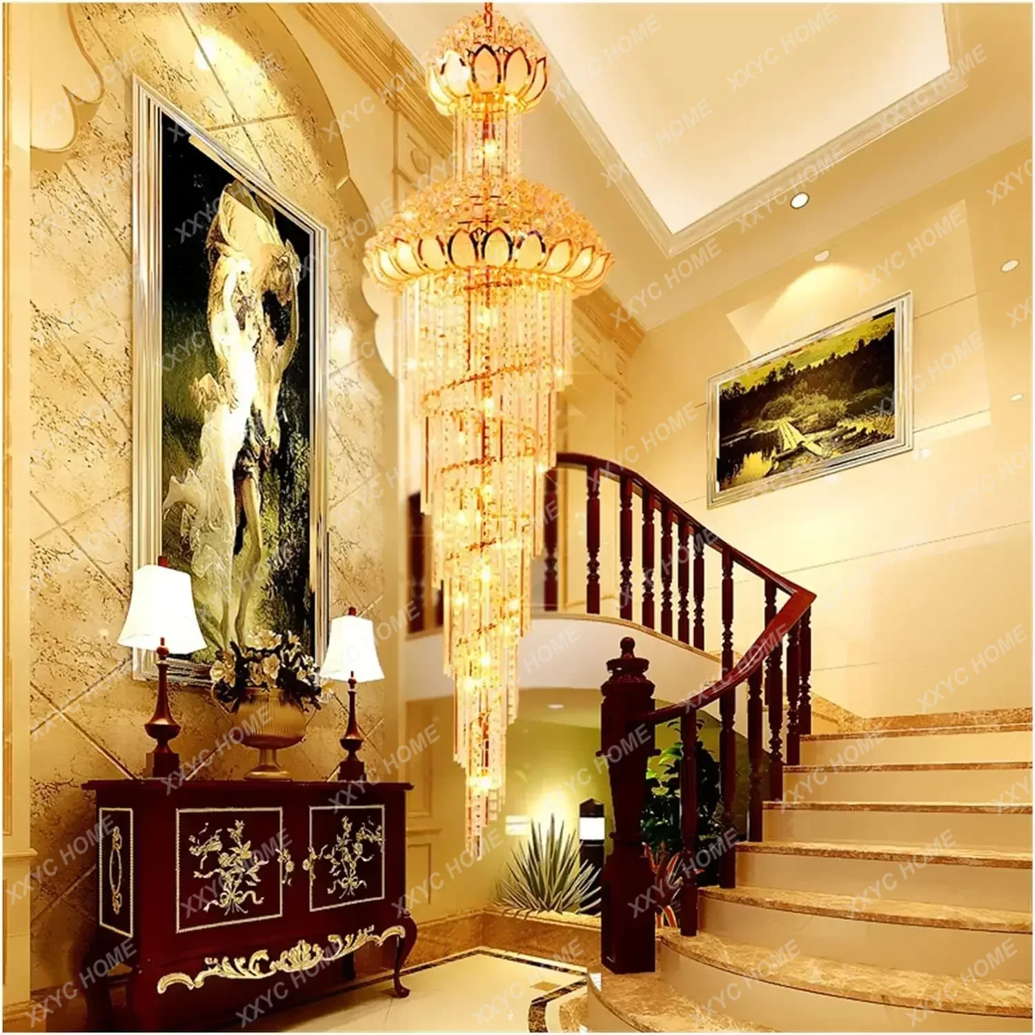 Crystal Chandeliers European-Style Crystal Duplex Floor Chandelier Atmospheric Living Room Lamp Revolving Staircase Long