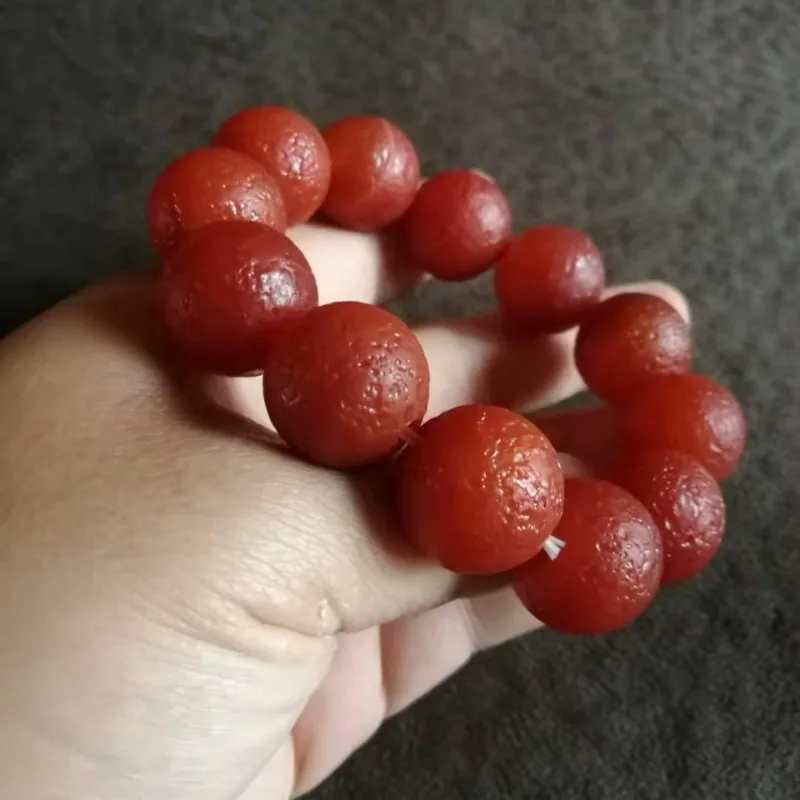 Mens Boho Mala Bracelet Vintage Matte Red Agate Round Large Weathered Surface Beaded Bracelet - view 3