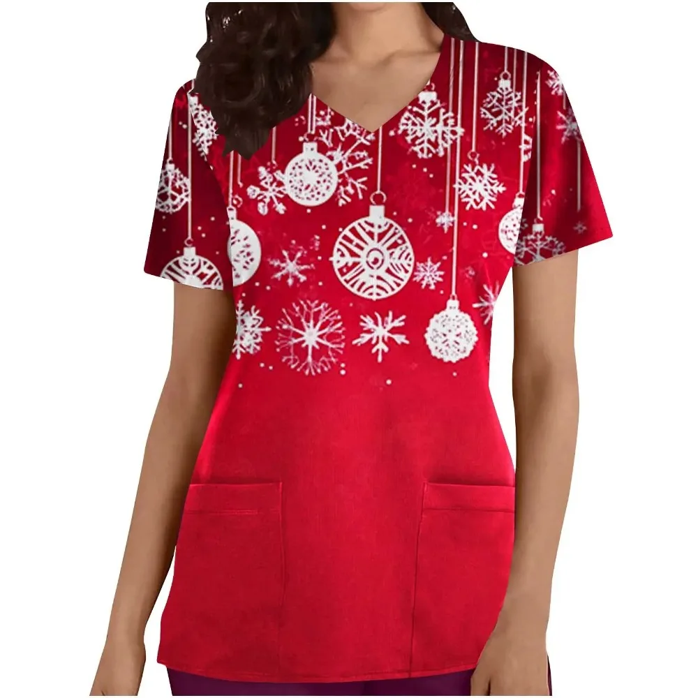 Surgical Uniforms Woman Nursing Uniform Christmas Holiday Fun Printed Quick Drying Material Short Sleeve Top V-neck Pocket Scrub