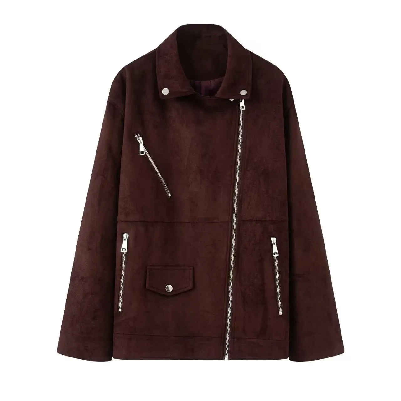 KIDCRKJ Best verkochte dames lente suède buitenjas met meerdere ritsen, effen, losvallende dames pilotenjas, Instagram-stijl, stijlvolle damesjas