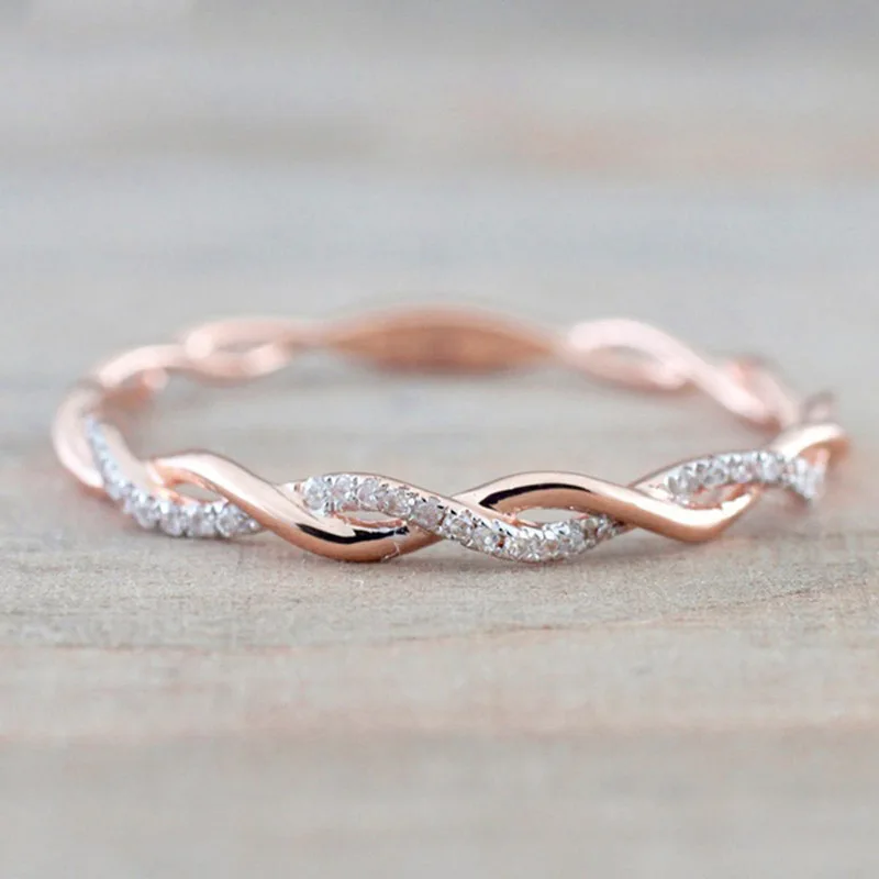 Huitan Simple Stylish Women Thin Rings Fancy Twist Band Shiny Crystal Cubic Zircon Daily Wear Versatile Jewelry Minimalist Gift image 2