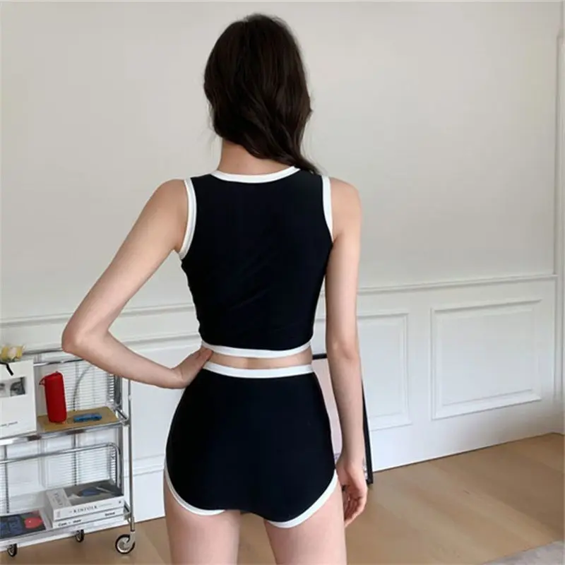 Korean Conservative Split Swimsuit Women Student High Waist Bikini Set Holiday Beachwear Tank Shorts Slimming Black Bathing Suit