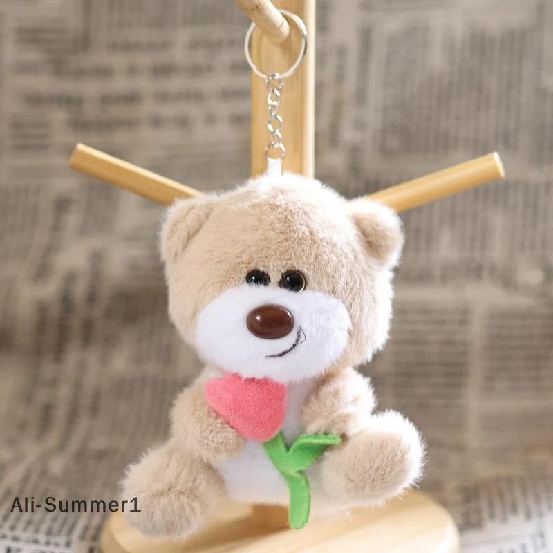 【E】Uroczy breloczek pluszowy z misiem i tulipanem, kreskówkowa maskotka, śliczny pluszowy brelok do kluczy, zawieszka do plecaka, prezent na urodziny i Boże Narodzenie