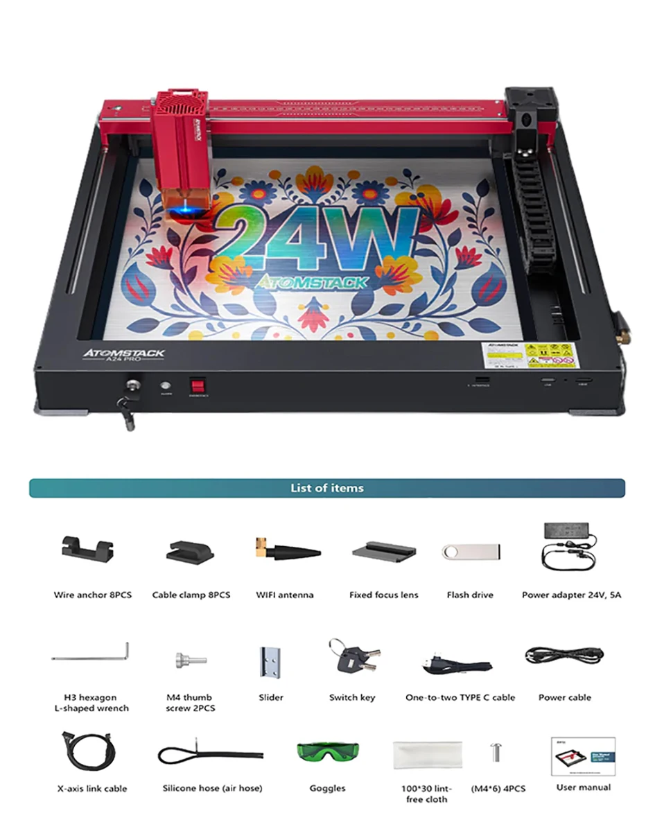 AtomStack-Graveur Laser A24 Pro 24W, Puissance Optique avec F30, 250-500 à l'Air, Contrôle à Distance, Gravure Hors Ligne, Bois, Métal, Verre, Bricolage