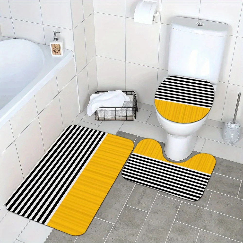 Stylish Black and Yellow Stripe Bathroom Mat Set 3 Pcs Anti Slip Floor Rug Toilet Cover Home Decor Bath Accessories