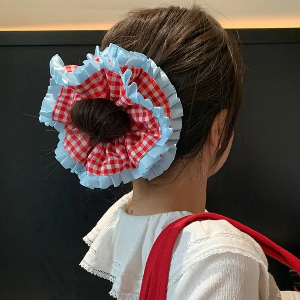 Модные милые решетчатые резинки для волос, тканевые резинки для волос с бантом и рюшами, веревка для волос, держатель для хвоста, большая резинка для волос для женщин