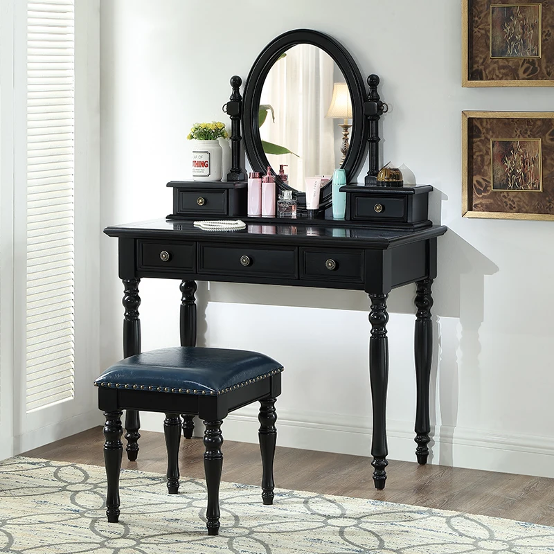 

Girls Makeup Vanity Nordic Modern Luxury Woman Seating Drawers Dressers Bedroom Mirror Black Coiffeuse De Chambre Furniture