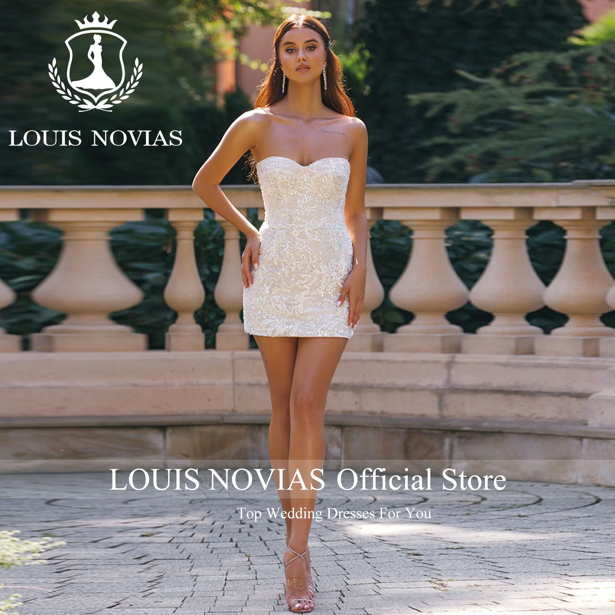 LOUIS NOVIAS-Vestido de noiva sereia lantejoulas para mulheres, acima do joelho, trem destacável, vestido de casamento, decote querido, 2023