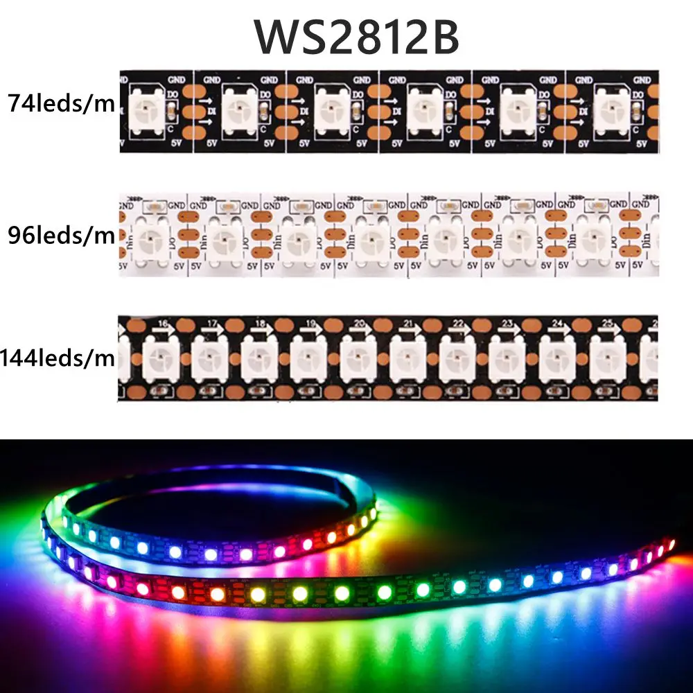 Tira de Led direccionable individualmente, luz inteligente 5050RGB WS2812 píxeles, PCB negro/blanco, DC5V WS2812B, 74/96/144Led/m, IP30/65/67