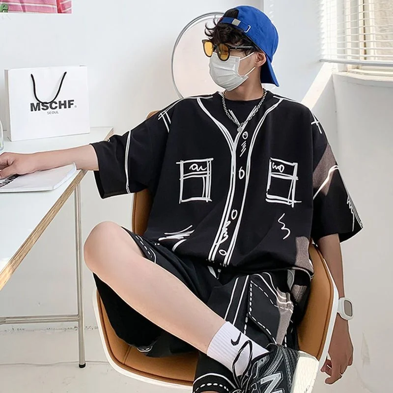 Men Cute Graffit Blouse Top Shorts Set Oversize Summer Funny Shirt Clothes Harajuku Casual Short Sleeve T-shirt 2 Piece Suits