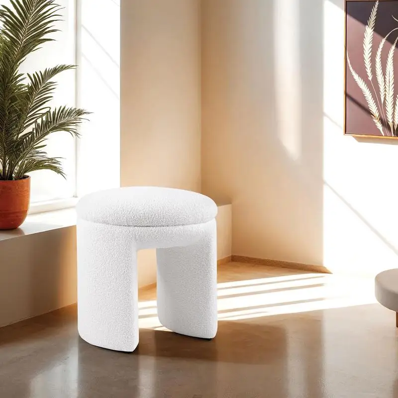 Contemporary Teddy Fabric Round Accent Stool Bench White Finish for Living Room