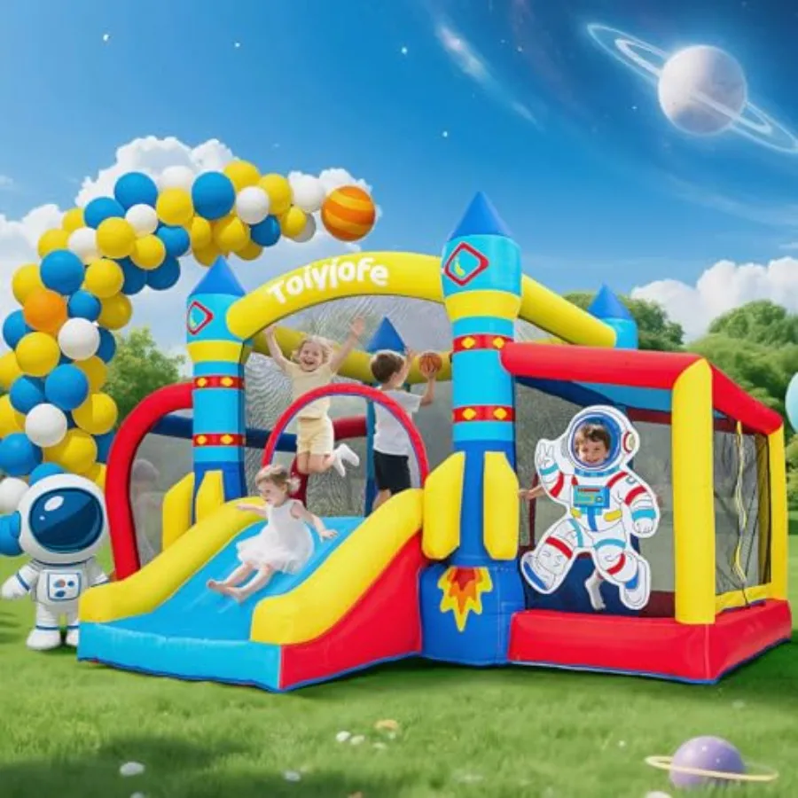 

Space Adventure 11.5FT × 10FT Inflatable Bouncy Castle for 3-6 with Slide Ball Pit Hoop Soccer Goal Blower 7-in-1 Indoor Outdoo