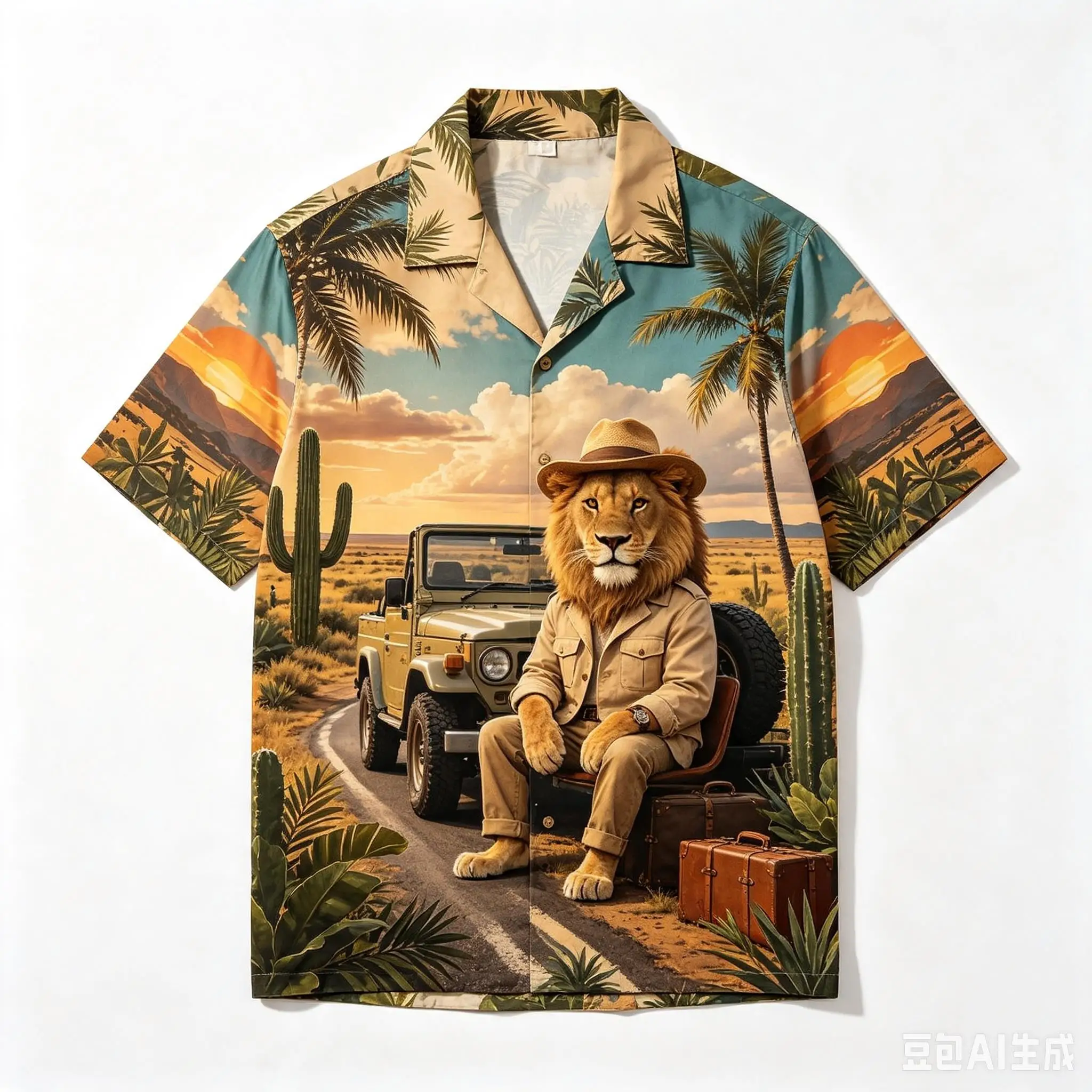 Men's Anthropomorphic Safari Lion Print Short Sleeve Lapel Shirt Desert Road Trip Design Loose Summer Beach Casual Mens Clothing