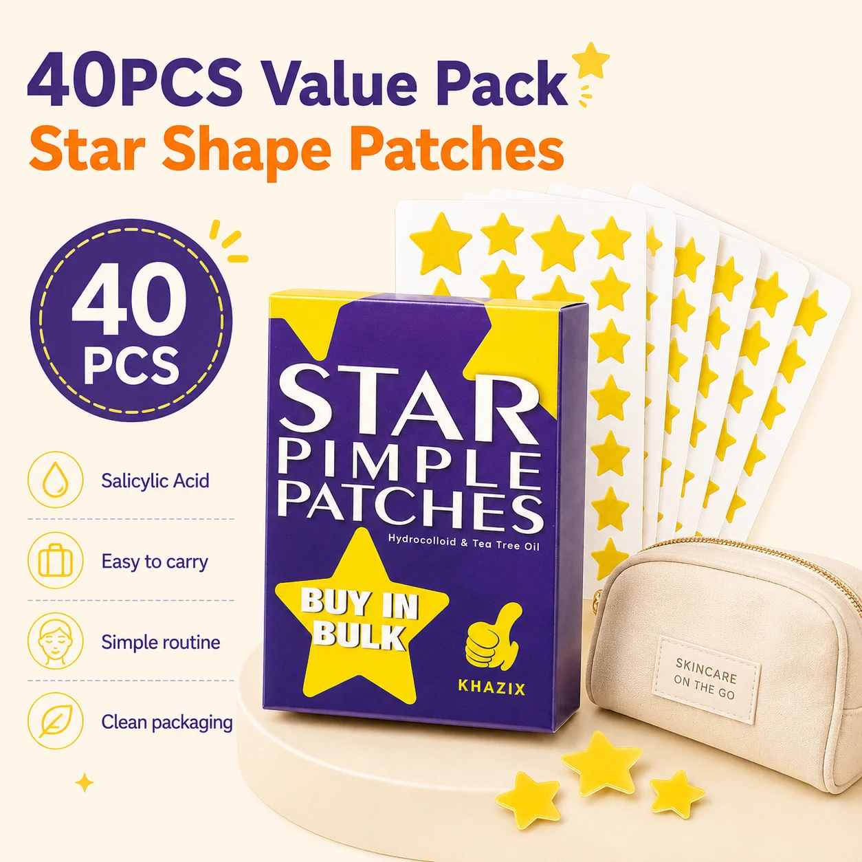40PCS Cute Yellow Acne Patches Star Shape Salicylic Acid Pimple Stickers Skin Cleansing Patch for Daily Care