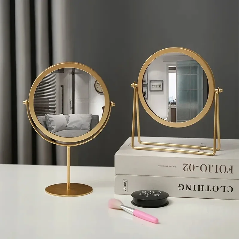 Makeup Mirror Light Luxury Retro European Metal Gold Home Desktop Square Round Mirror Dormitory Makeup Mirror