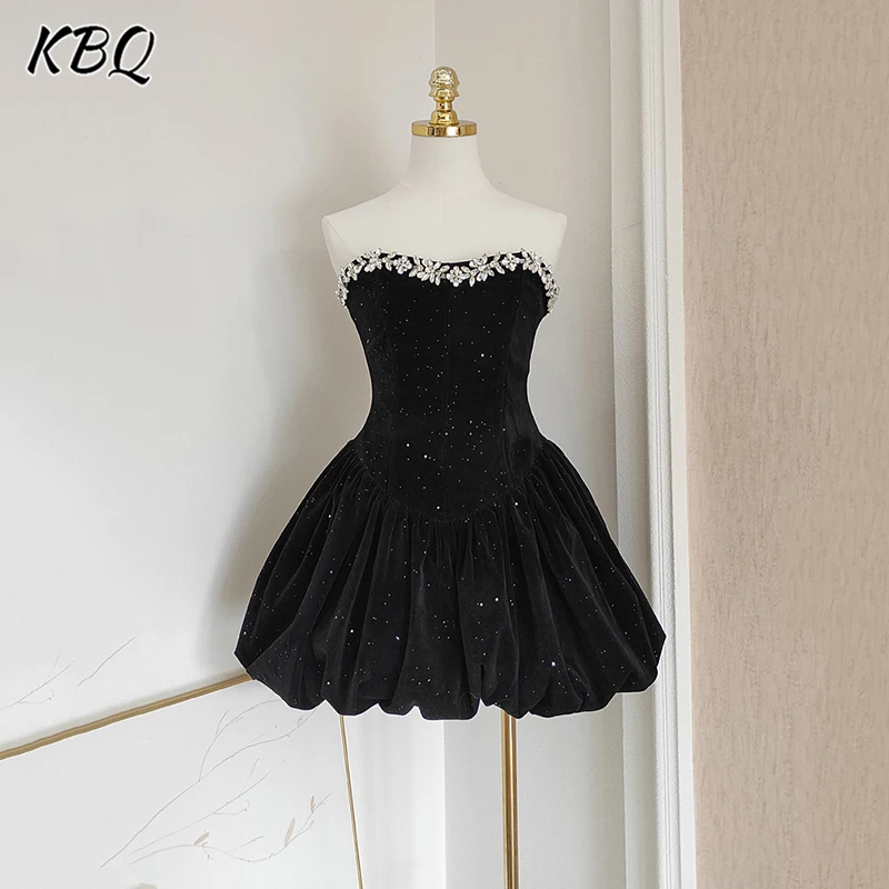 

KBQ Spliced Ruffled Dress For Women Strapless Sleeveless High Waist Slimming Sexy Patchwork Diamonds Dress Female Fashion New