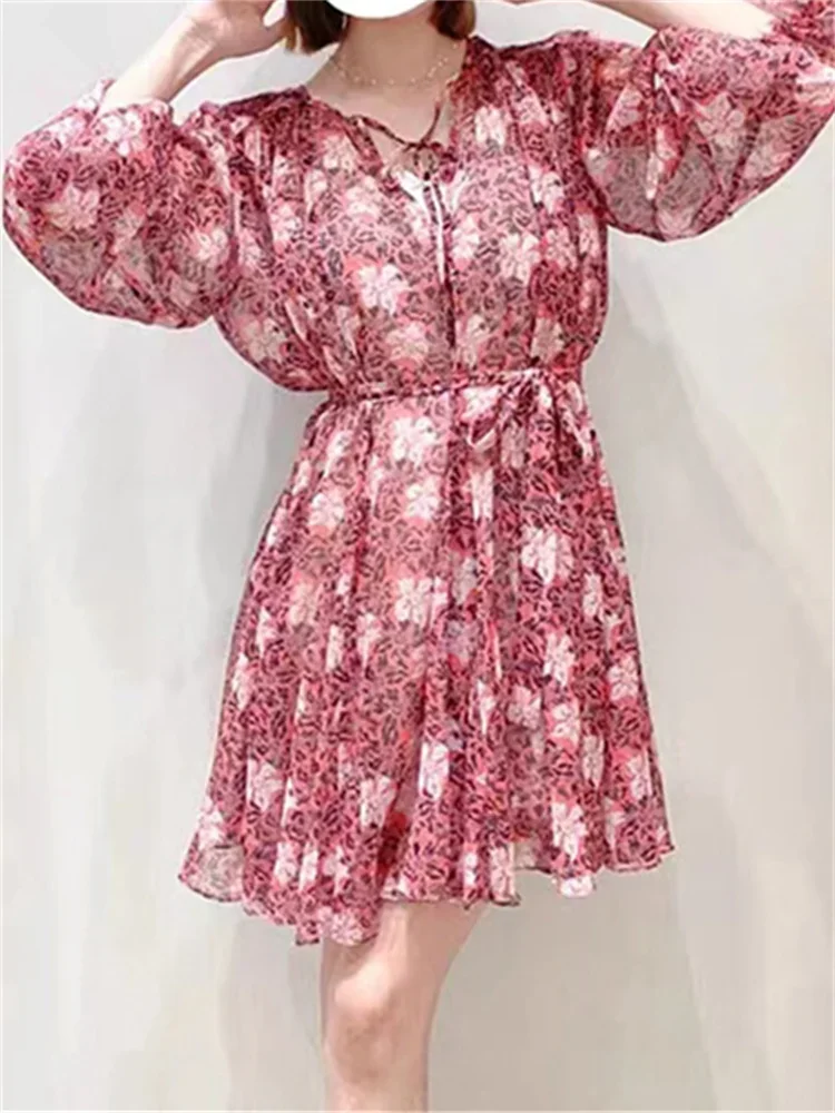 

Women Floral Printed Dress O-Neck Long Sleeve Waist Lace-Up Pleated Elegant Mini Robe