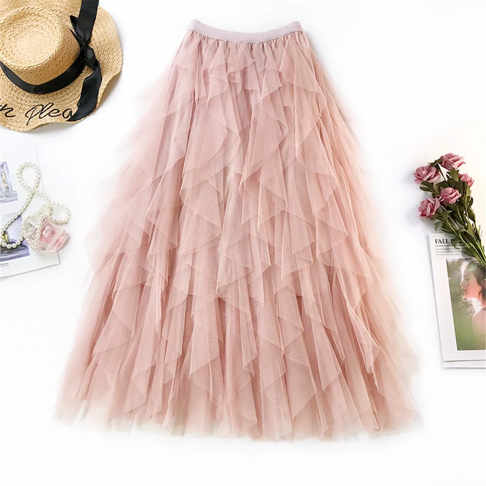 New Fashion Tutu Tulle Skirt Women Long Maxi Skirt Spring Summer Korean Black Pink High Waist Pleated Skirt Female