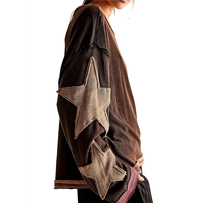 

ABRT-Women Oversized Cotton Long Sleeve Shirts Tops Star Crewneck Pullover Y2K Fall Winter Grunge Clothes
