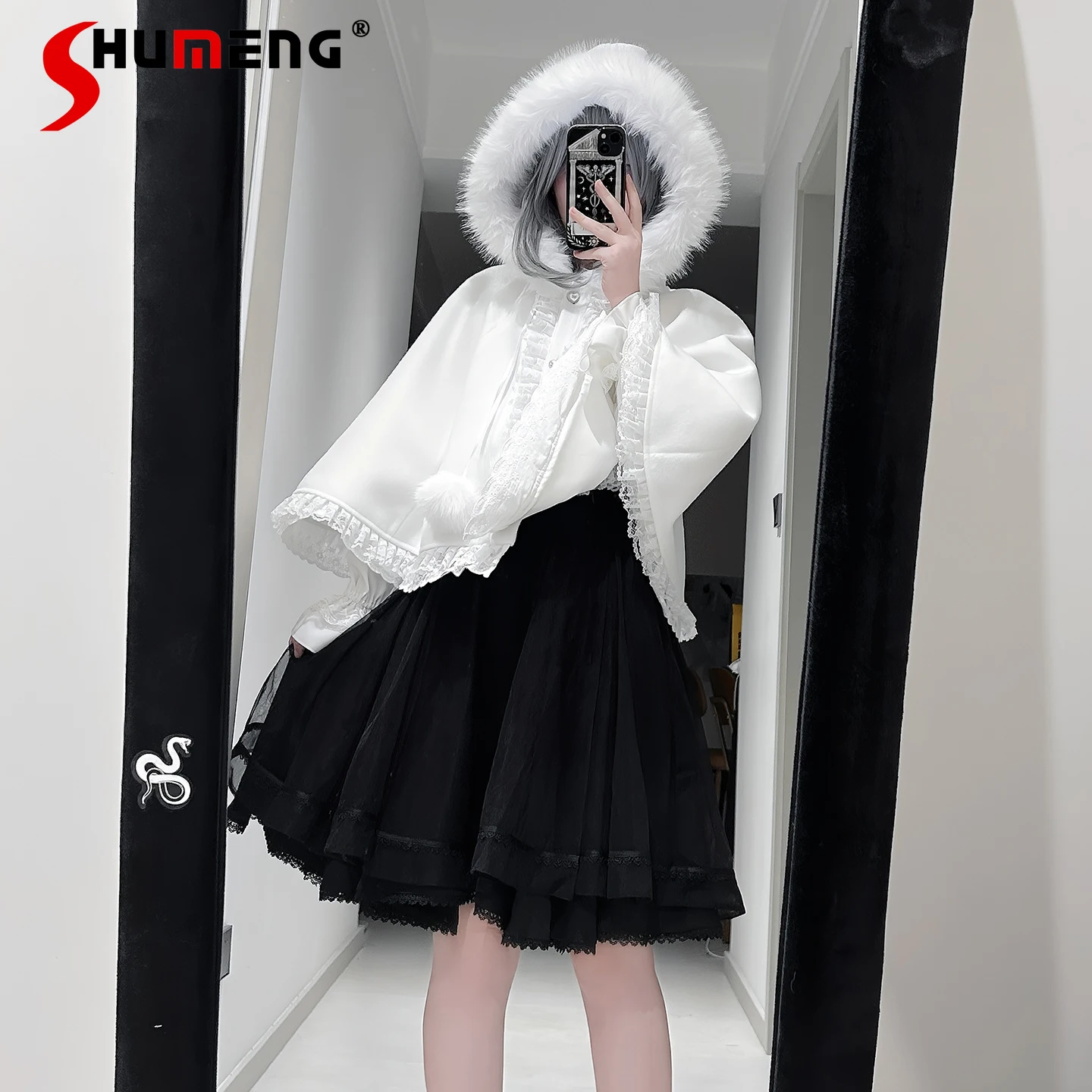 

Japanese Style Mass-Produced Cape Spliced Long Sleeve Shirt Heart Button High Waist A-Line Versatile Skirts Two-Piece Set Women