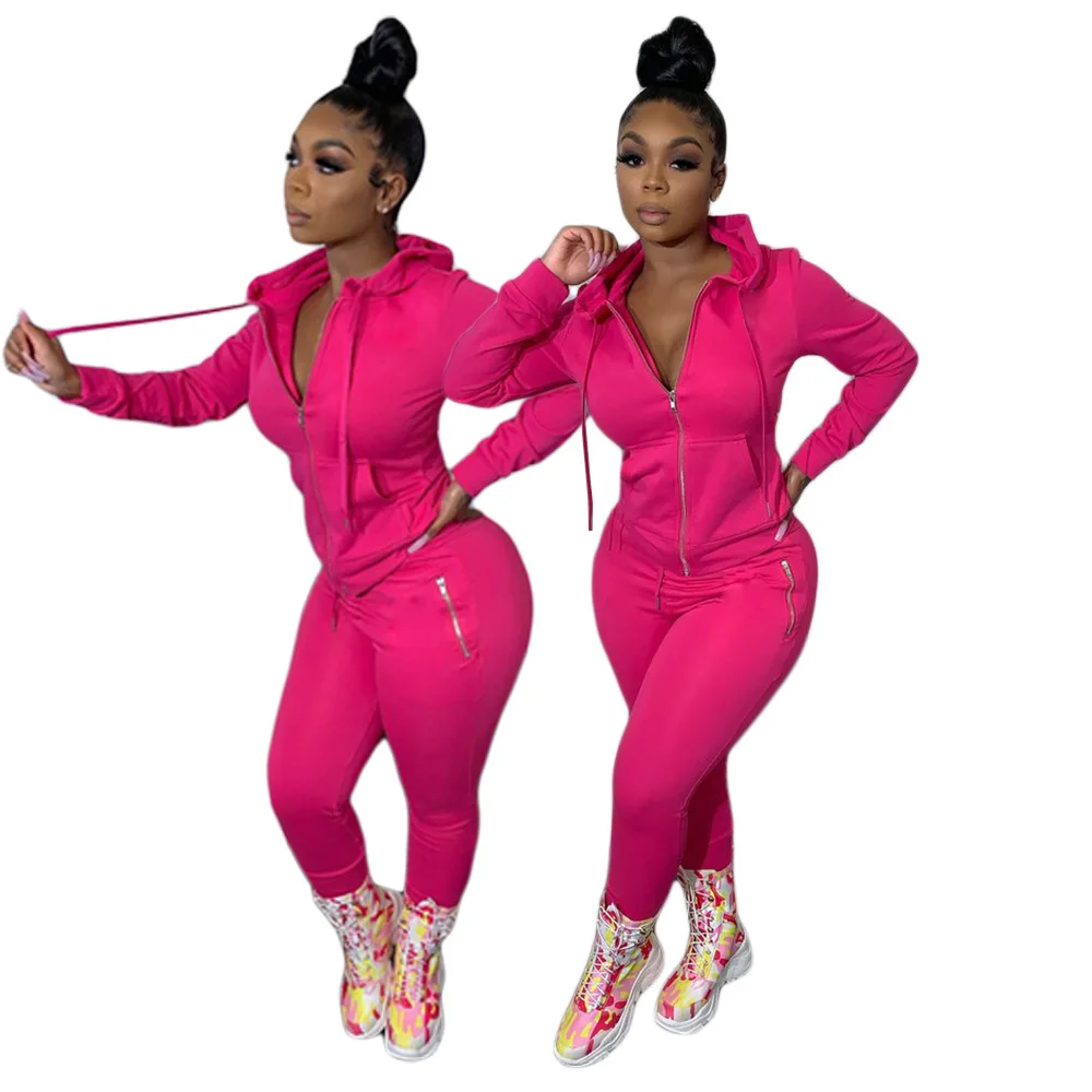 custom slim women sweatsuit set tracksuit zip up fall jogging hoodie set solid joggers pants clothes women two piece pants set