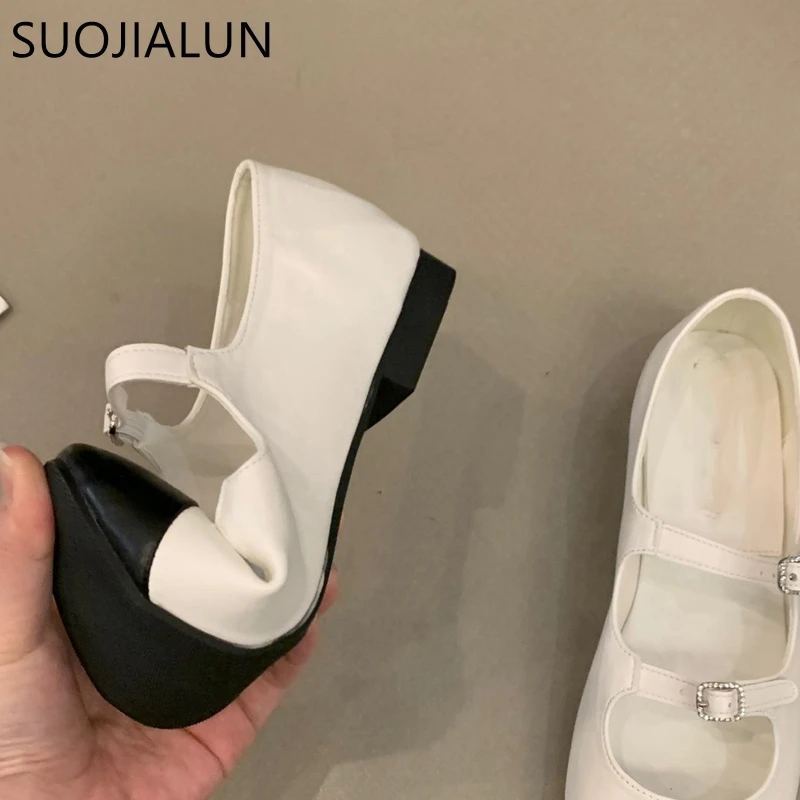 SUOJIALUN New Brand Women Flat Shoes Fashion Mix Color Ladies Elegant Gold Ballet Shoes Round Toe Shallow Dress Mary Jane Shoes