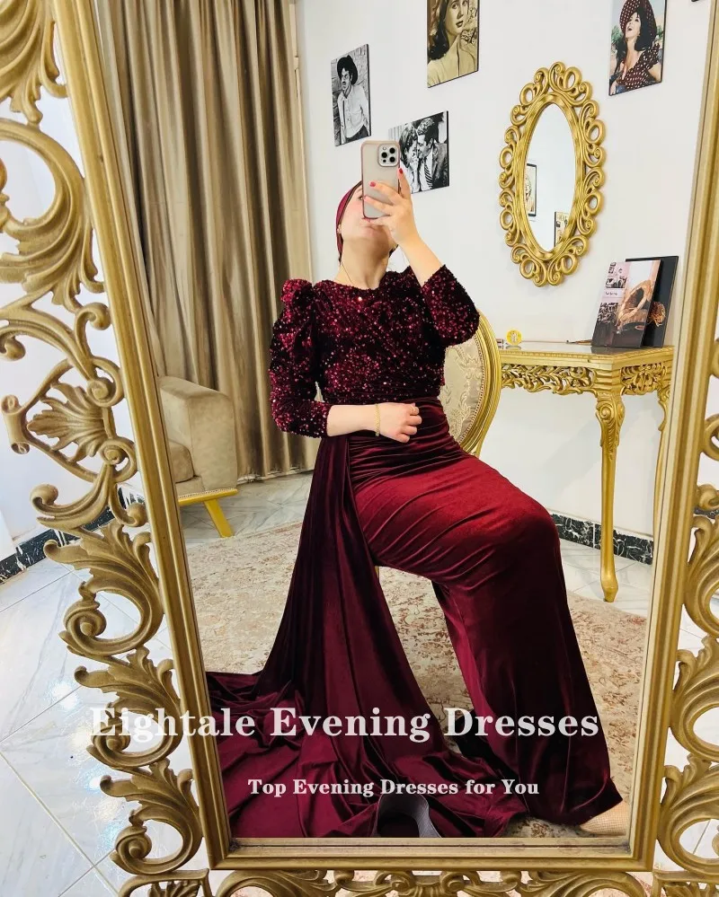 Eightale Evening Dresses Sparkly Velvet Arabic Muslim Celebrity Prom Party Dress Detachable Skirt vestidos de ocasión formales