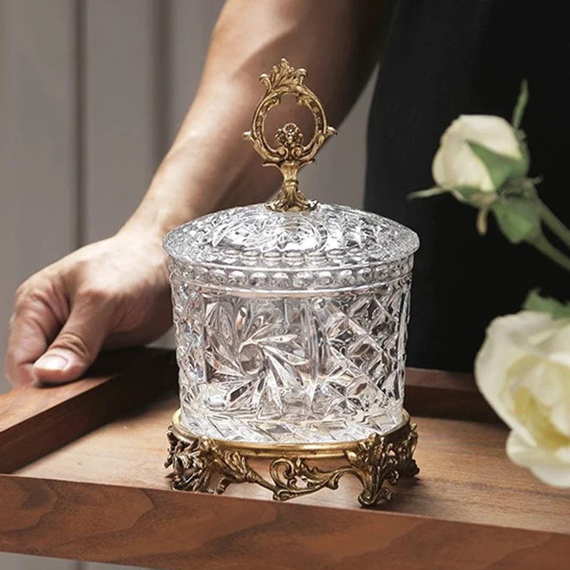 Brass Candy Jar French Crystal Transparent Glass Storage Box Hand-carved Exquisite Sugar Jar Livingroom Home Decor Ornaments
