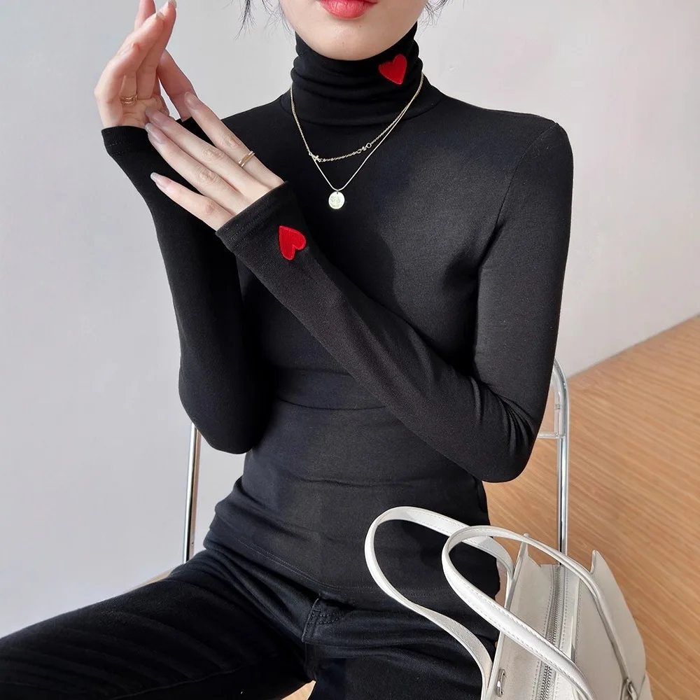 Autumn and Winter Women's Elegant Black Heart Embroidered High-neck Slim Fit Casual Underwear and Outerwear Long-sleeve T-shirt